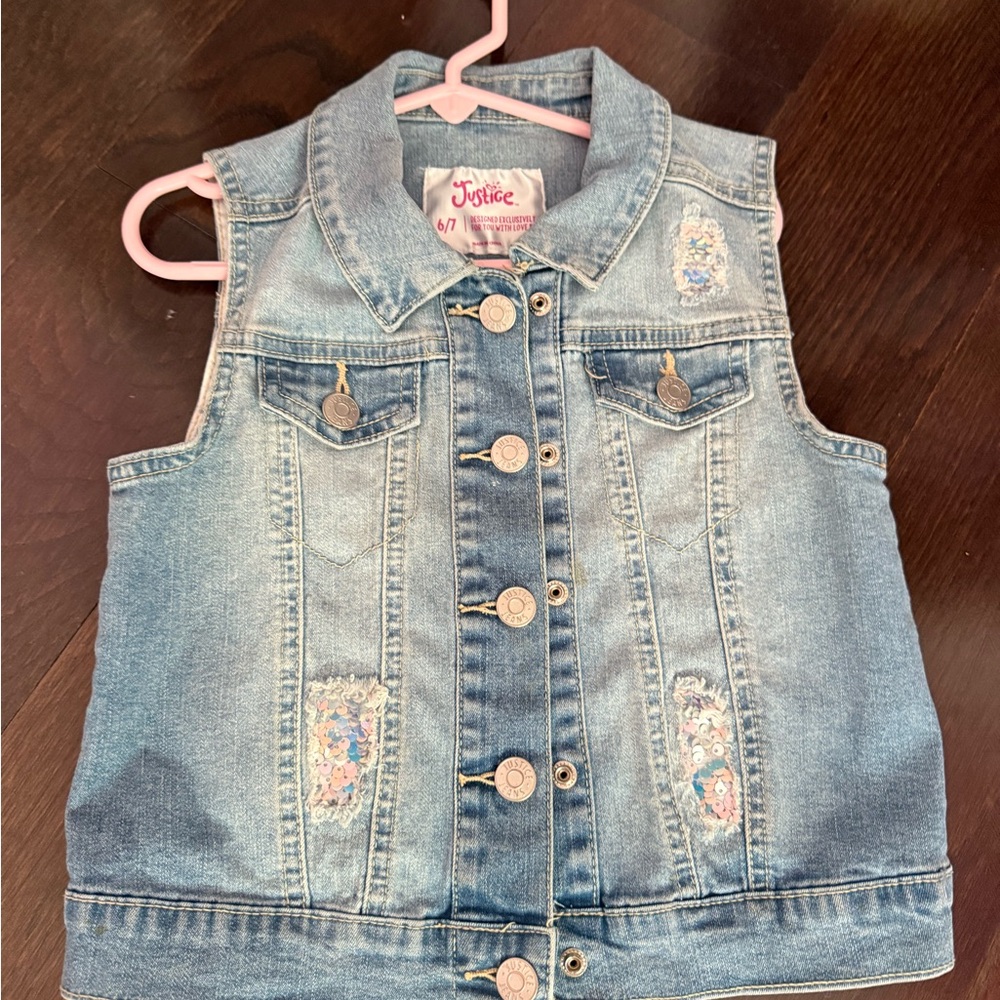 Justice Light Wash Denim Vest with Sequin Patches - Blue
